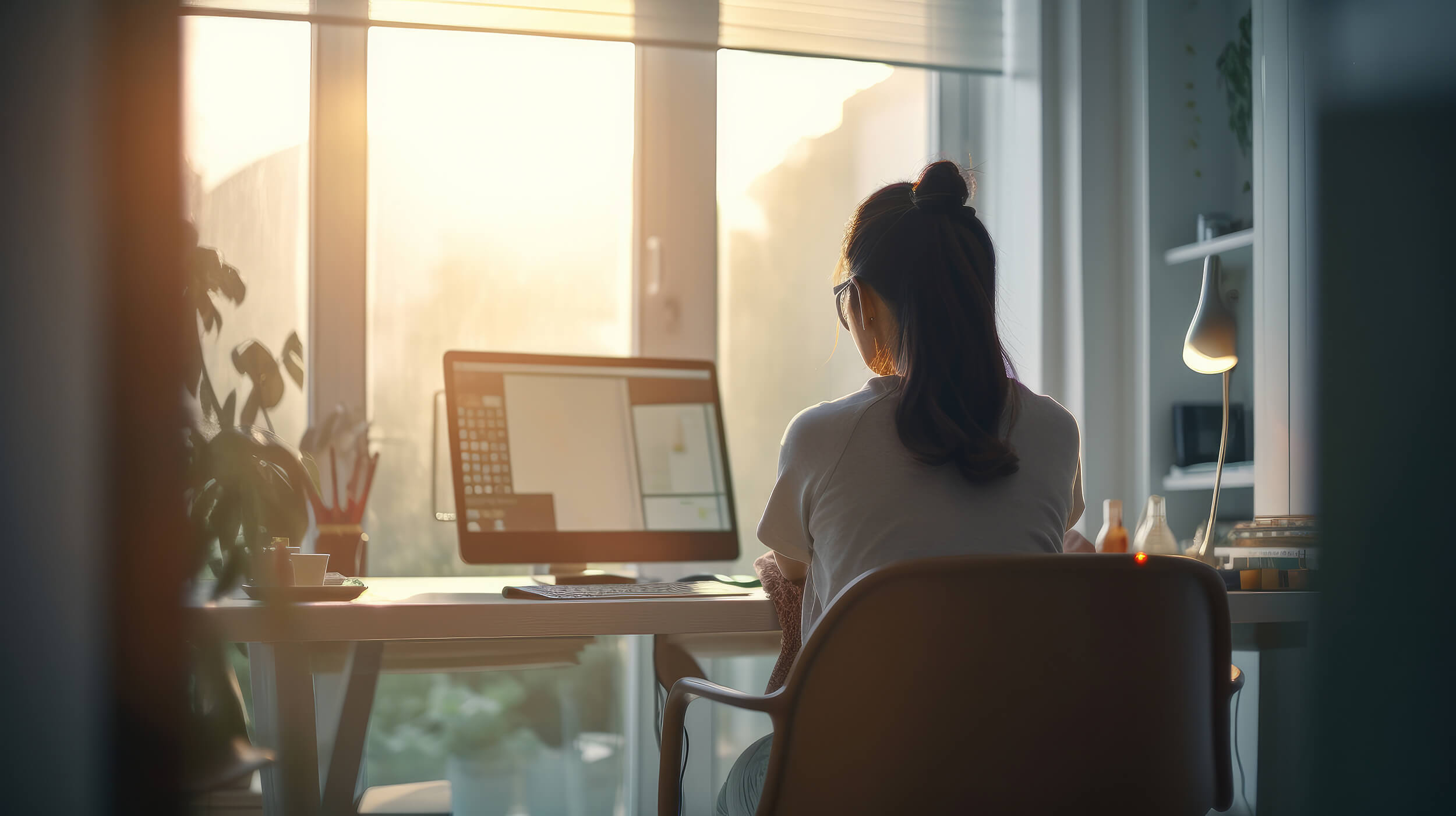 Mitarbeiterin arbeitet im Morgenlicht am Notebook in ihrem Homeoffice